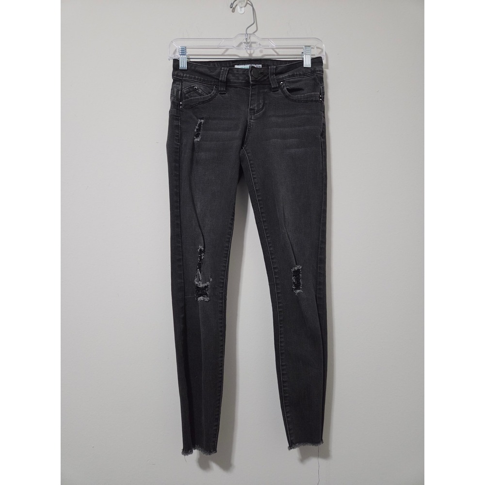 YMI WannabetaButt Skinny Jeans‎ Black Distressed Raw Hem Low Rise Denim Size 3